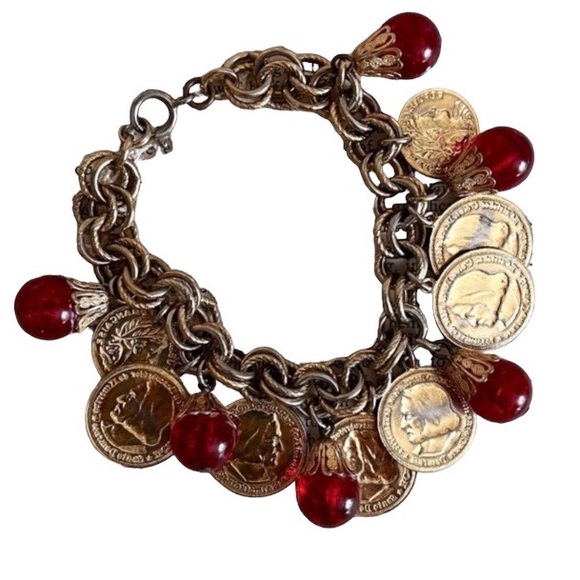 Vintage Gold Plated Coin Charms Red Glass Beaded Bracelet Woman’s Jewelry - Picture 3 of 8